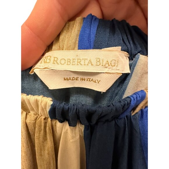 👗 2/$30 👗 Blue & Tan Striped Italian Off Shoulder Above Knee Length Dress sz M - Picture 6 of 9